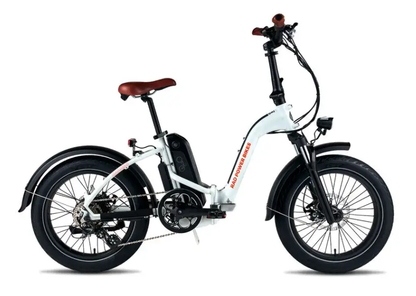 White, foldable e-bike with fat tires and a low step-thru with rear hub motor