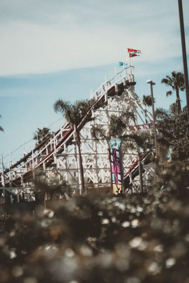 Cassic wooden rollercoaster on bike path in San Diego