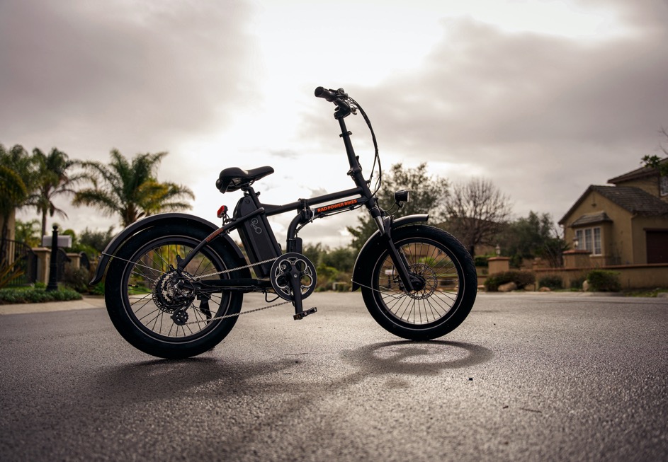 A Rad Mini Folding E-Bike has smaller 20 inch wheels than a standard e-bike