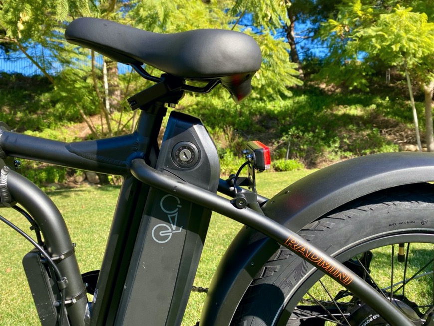 Battery placement on the RadMini E-Bike is directly under the seat
