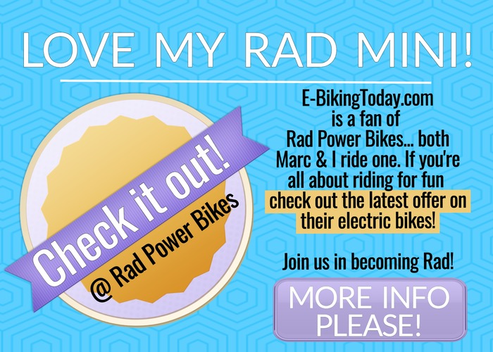 Blue and yellow Rad Power Bikes E-Bike Banner telling viewers to take a look at the Rad Mini E-Bike