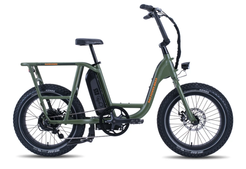 Dark green cargo e-bike from Rad Power Bikes