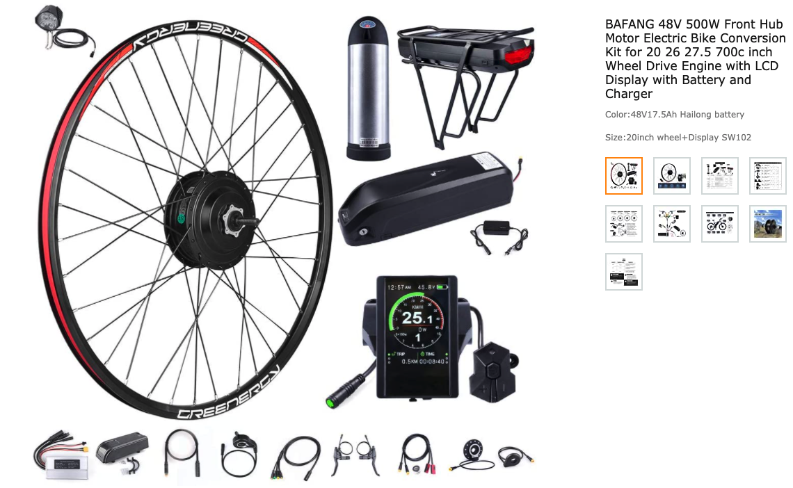 Here are the multiple parts in this e-bike conversion kit