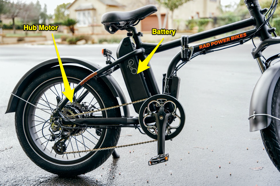 Location of hub motor and battery on an electric bike