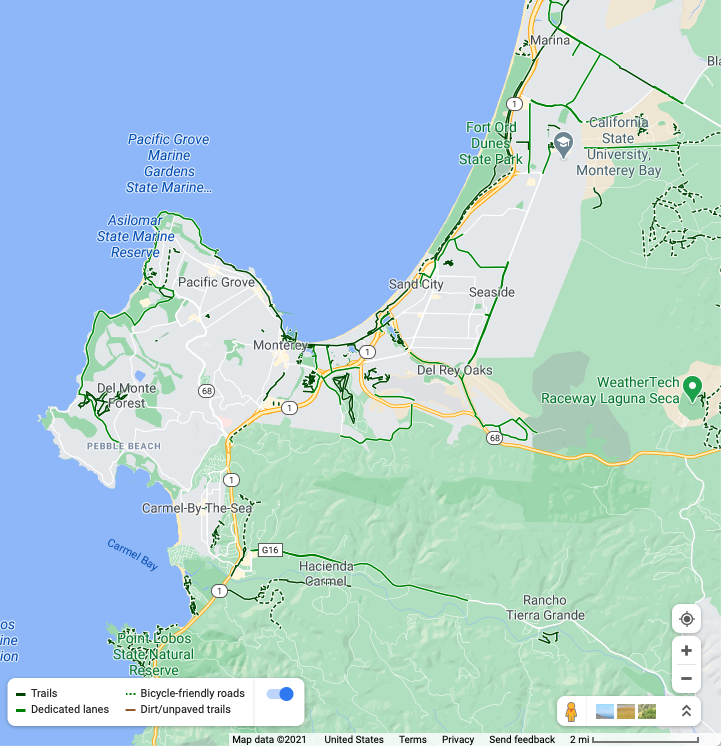 Map of Monterey, CA showing bike paths and bike lanes