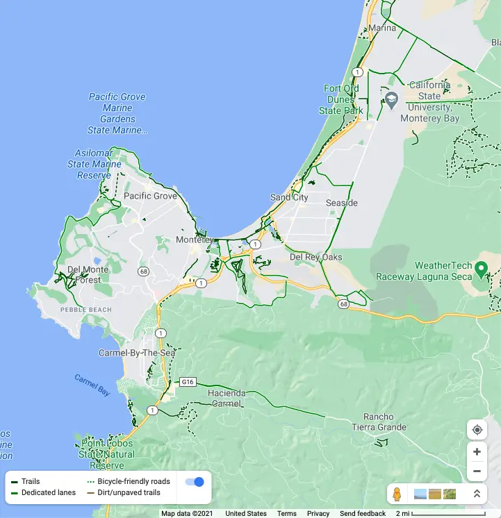 Map of Monterey, CA showing bike paths and bike lanes