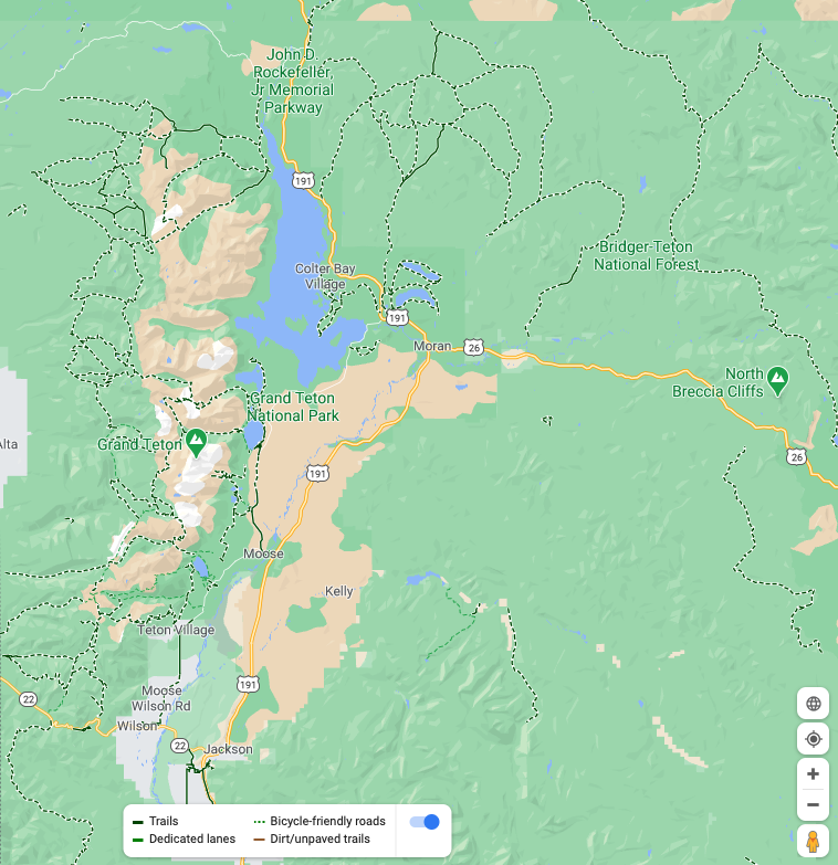 Google maps of the bike trails and bike-friendly roads in Grand Teton National Park, WY