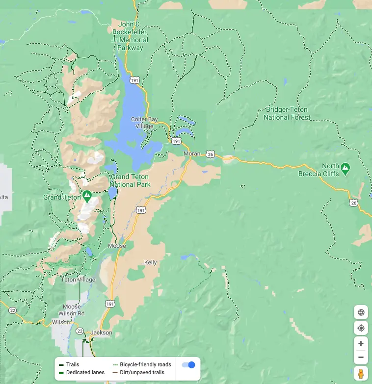 Google maps of the bike trails and bike-friendly roads in Grand Teton National Park, WY