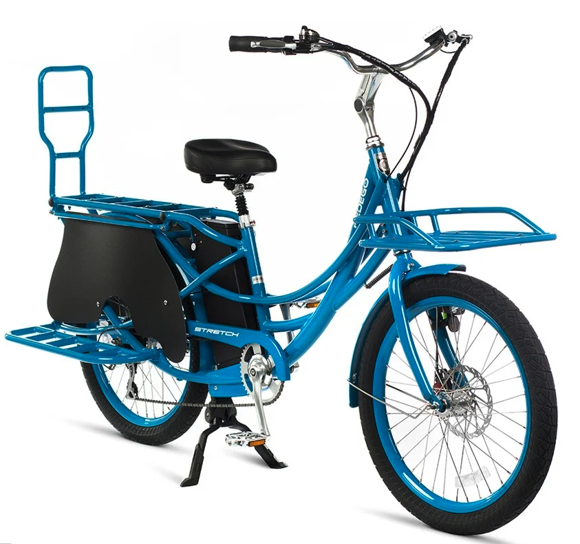 Sleek blue cargo e-bike that'll easily hold a child on the back