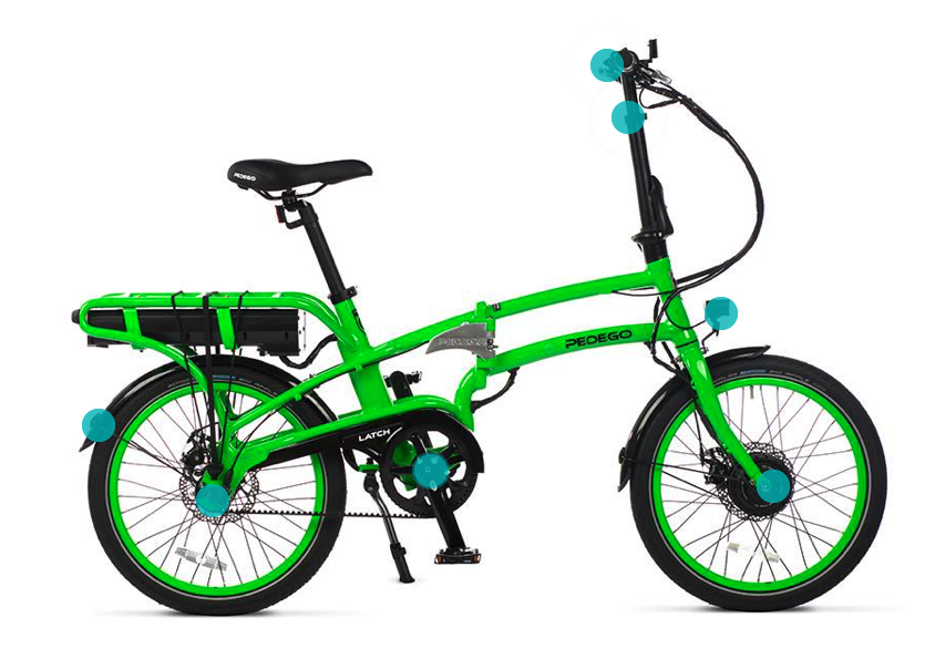 Bright, lime green Pedego Latch e-bike model
