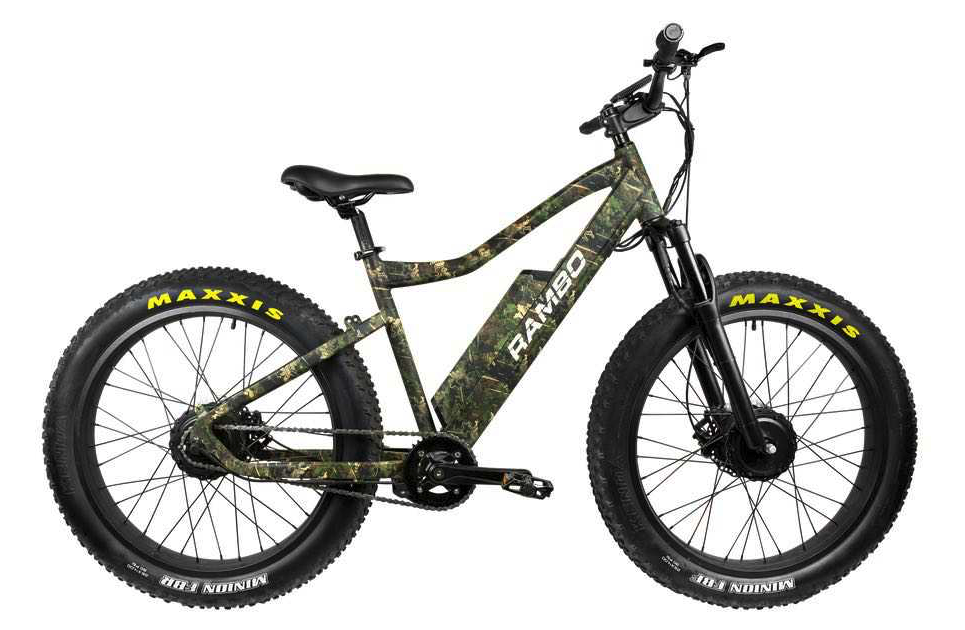 Camoflauge-styled e-bike with wide tires from Rambo
