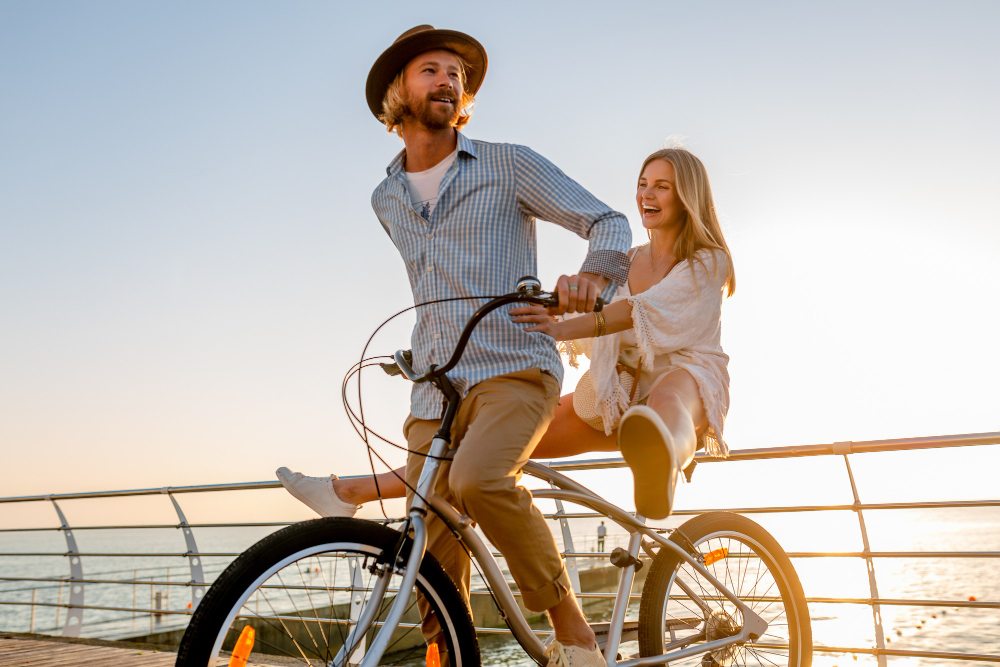 Man and Woman Having Fun with Electric Bike Rental