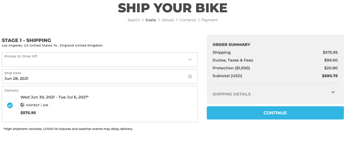 Cost to ship your electric bike internationally