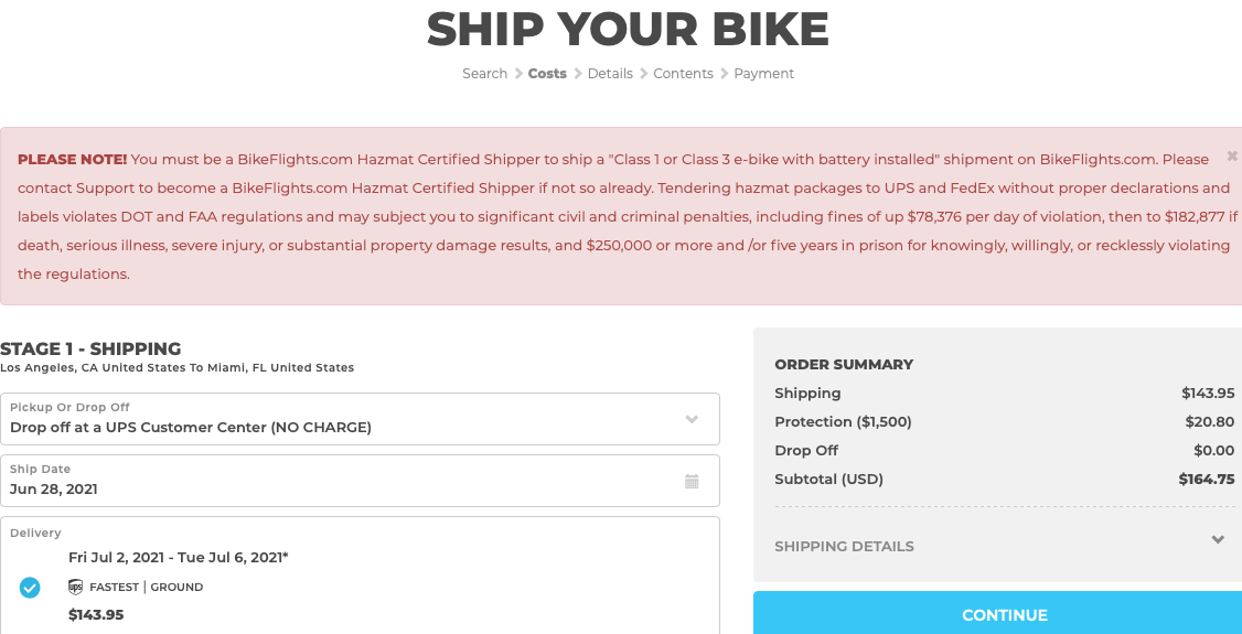The cost for shipping an electric bike from Los Angeles to Miami