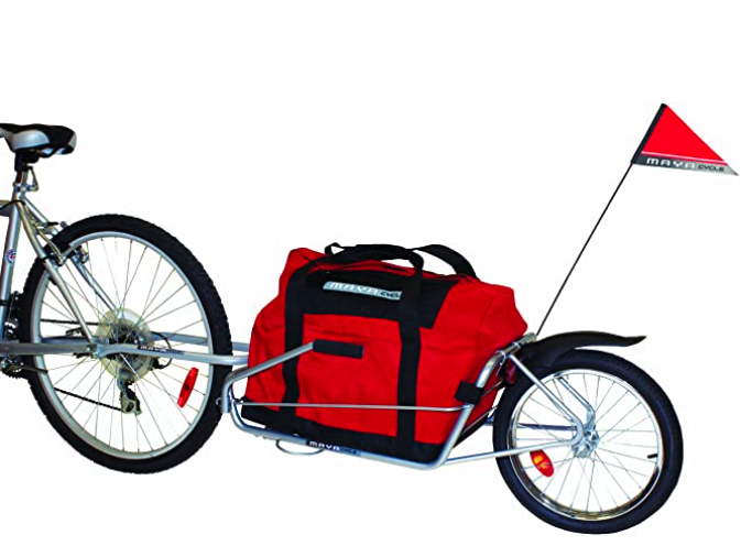 single wheel bike trailer with red accessory bag