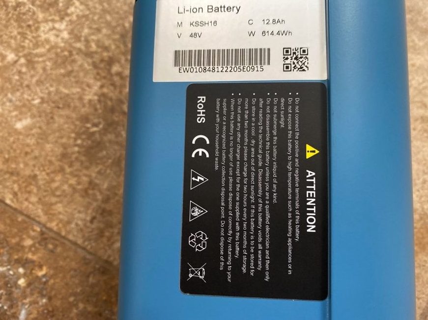 Back side of ebike battery showing battery specifications.