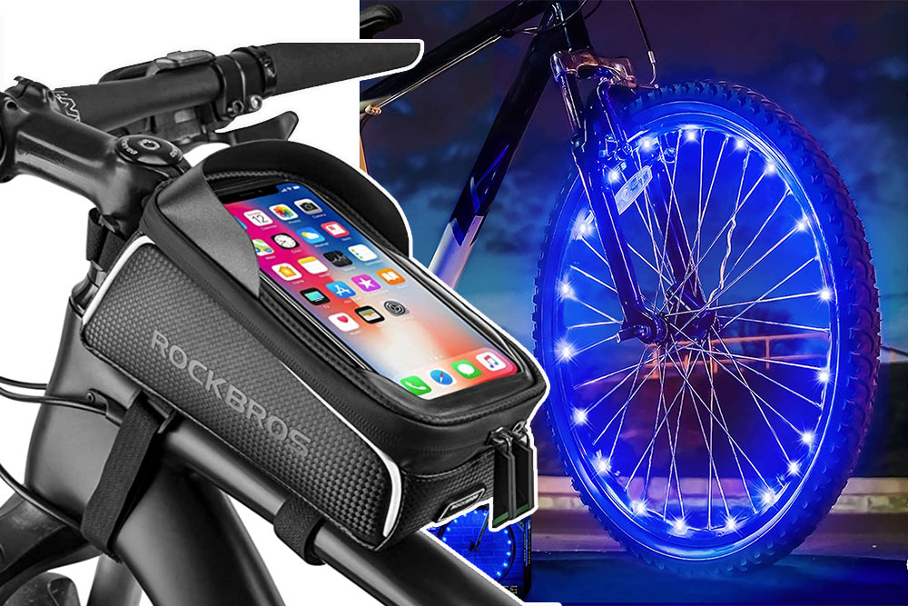A mix of electric bike accessories, including a bike bag, and wheel lights