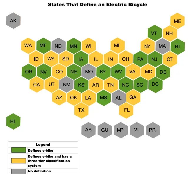 Shows where each U.S. state stands on defining electric bikes