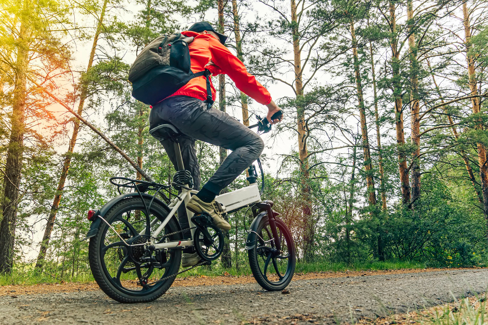 E-Bike Rider Pedaling through forest