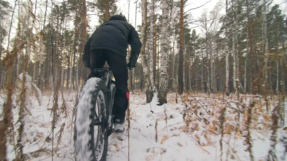 Young Mna riding on fat tire e-bike in the woods