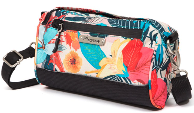 Brightly colored tropical print on small bike bag