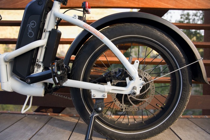 Back half of an electric bike showing its battery