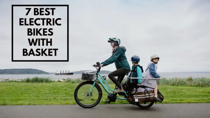 Mother riding an e-bike with 2 kids on the back