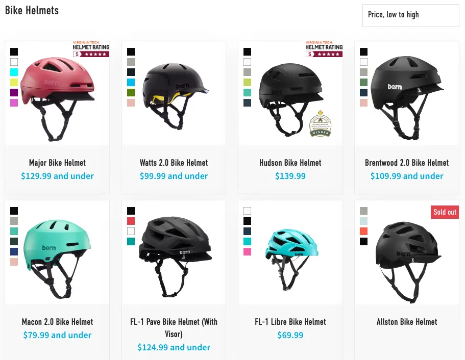 Several of the Bern Bike Helmet Styles in different colors