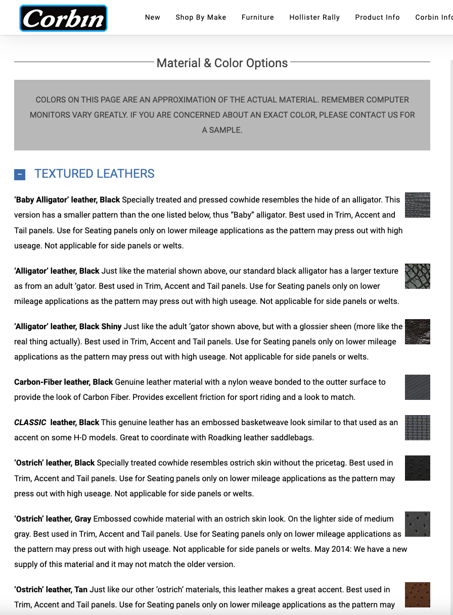 list of Corbin Seat Materials