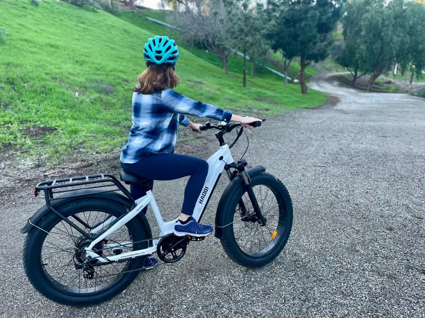 Woman sitting on the Haoqi ebike