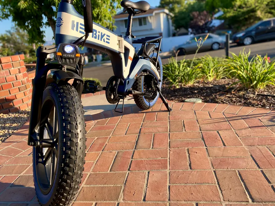 Heybike Tyson front view showing folding latch protrusion.