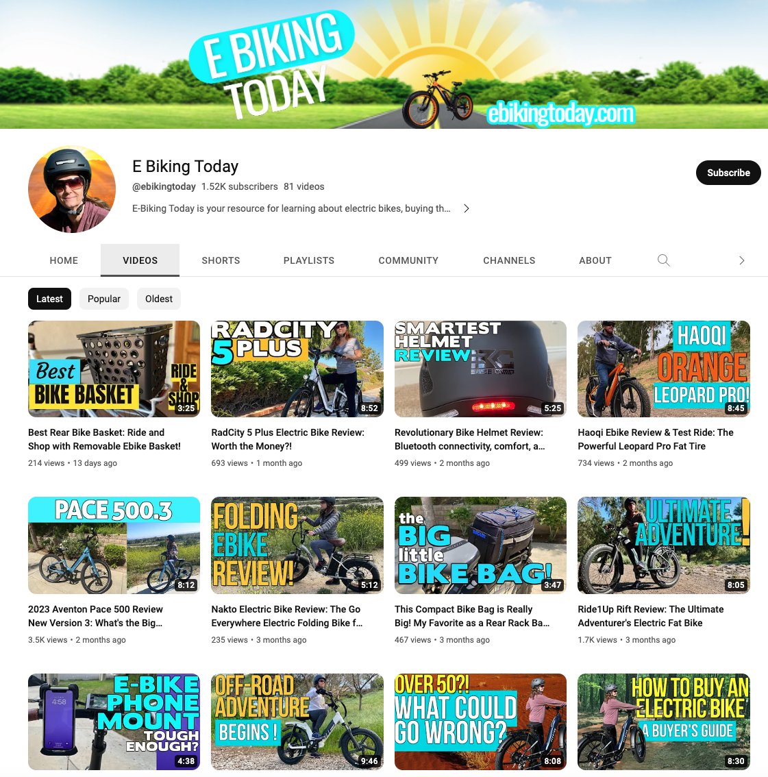 Video thumbnails of E-Biking Today on YouTube