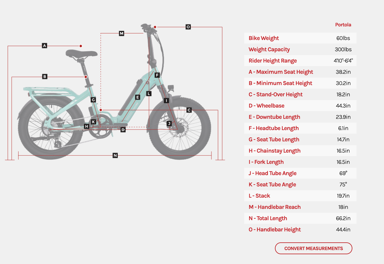Portola e-bike size specifications