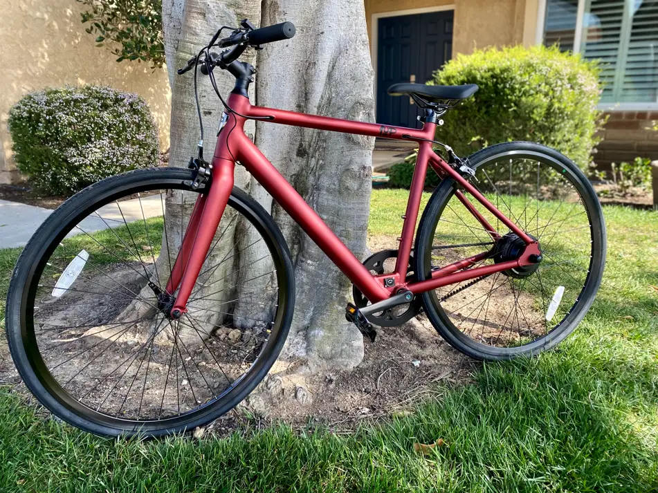 Red Ride1Up Roadster V2 leaning against tree